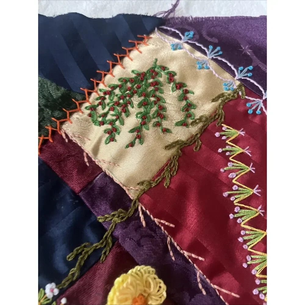 Antique Victorian Style Crazy Quilt Block 16” Silk Velvet Hand Embroidery Beaded